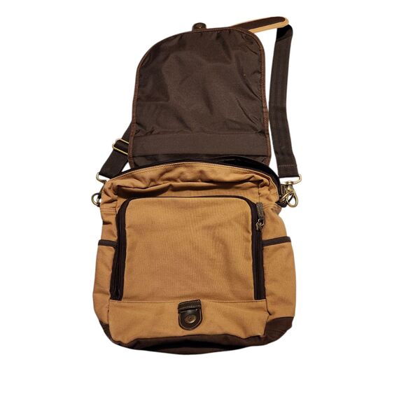 Eddie Bauer Canvas Messenger Travel Bag Tan w/ Brown Trim Adjustable Strap - Picture 5 of 12